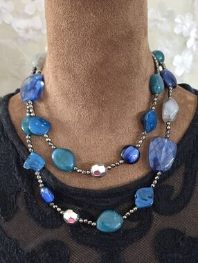 🪼Ruby Road Blue Teal Silver Stone Bead Long Convertible Necklace